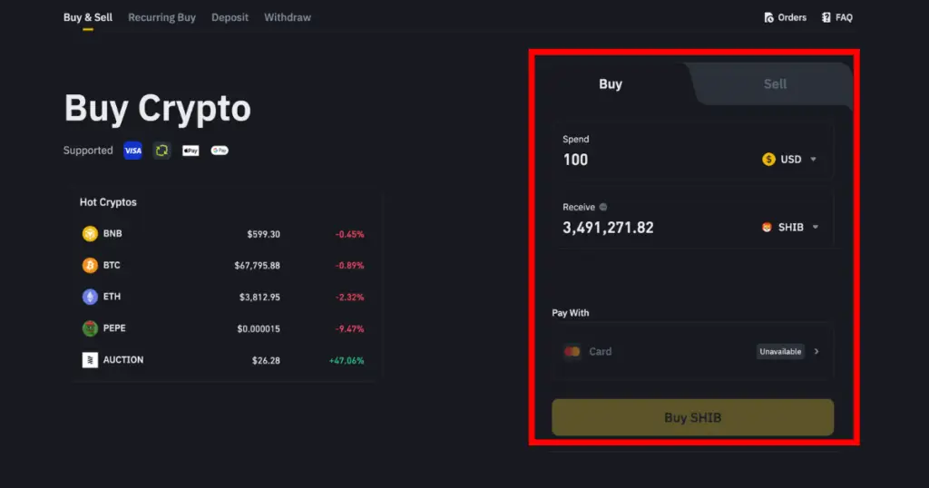 Red Square pointing over buy crypto dashboard on Binance