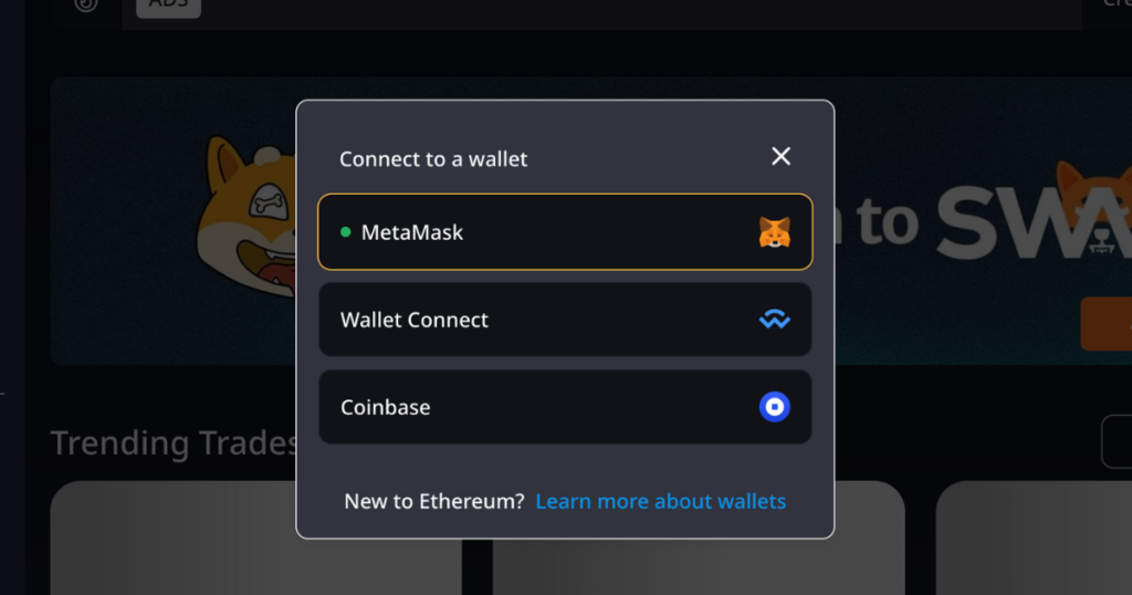 connect wallet to shibaswap dashboard