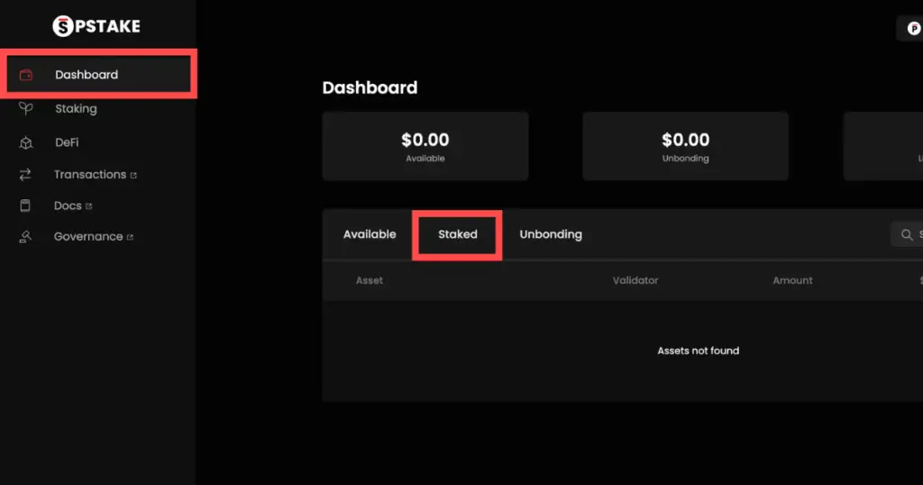 red squares highlighting pstake staked coins dashboard