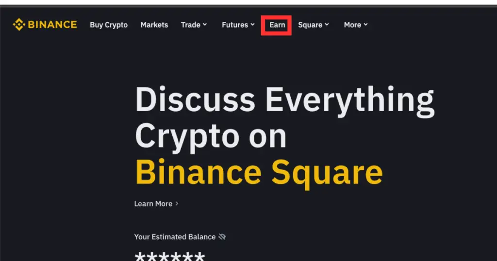 Red square pointing over Earn button on Binance