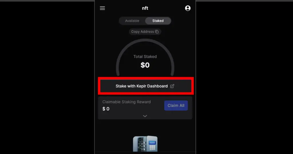 Red Sqaure showing stake with keplr dashboard button