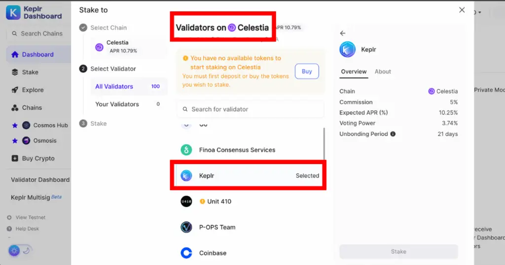 Red squares pointing to select validators on Calestia