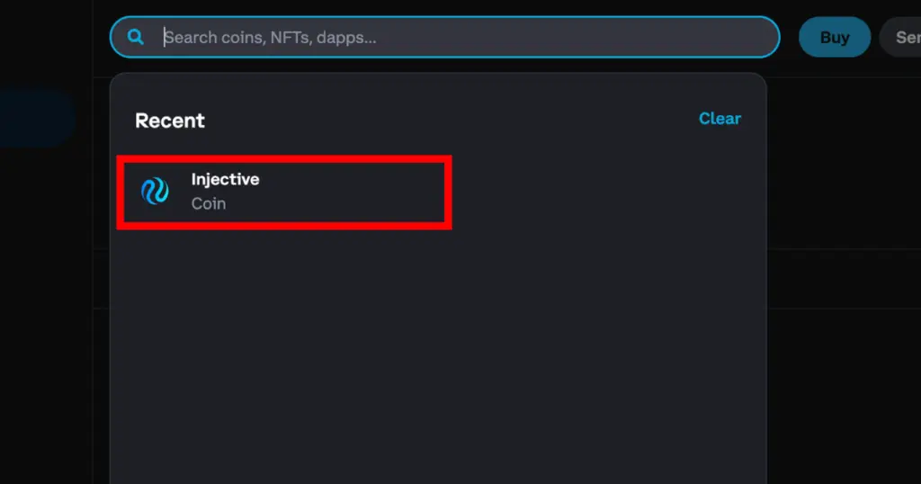 Red sqaure showing to select Injective coin