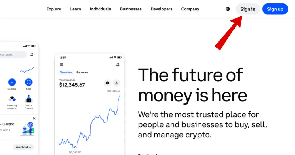 red arrow pointing to sign in button on coinbase