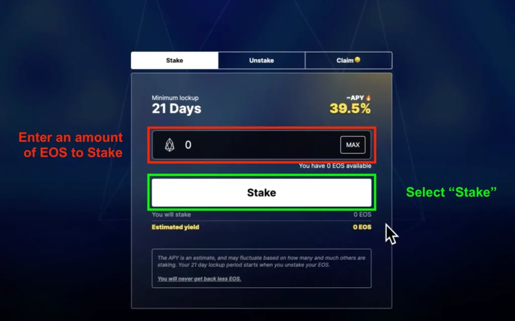 Req sqaure pointing to input the amount of EOS to stake, green square pointing over stake button