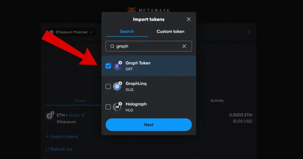 Import GRT token to MetaMask dashboard. Red arrow pointing to GRT token in import window.