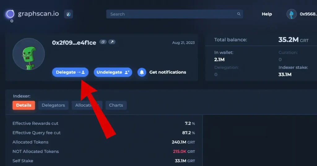 Red arrow pointing to delegate button on graphscan.io