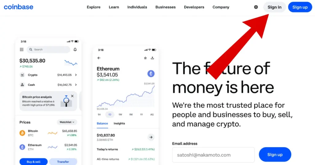 Red arrow pointing to sign in button on coinbase home page