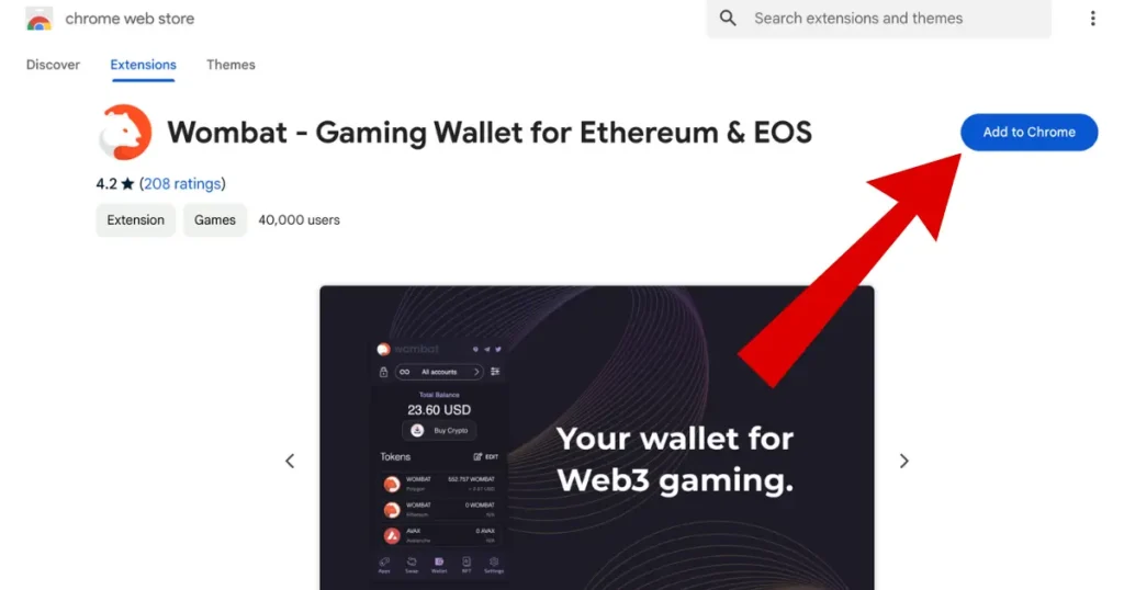 Red Arrow pointing to add to chrome button in Google Play Store Wombat wallet