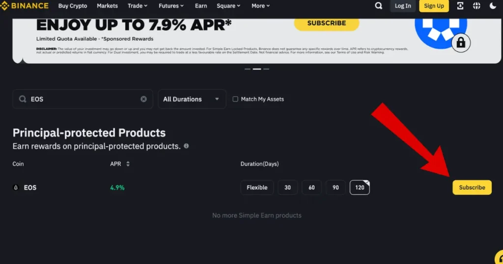 Red Arrow pointing to subscribe button on Binance Earn