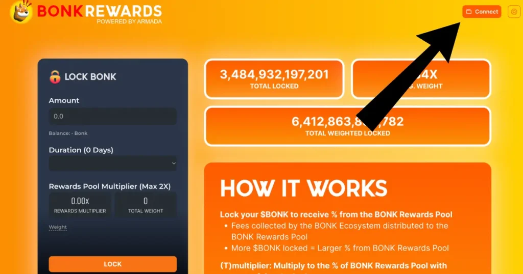 Black arrow pointing to connect your wallet to bonk rewards website