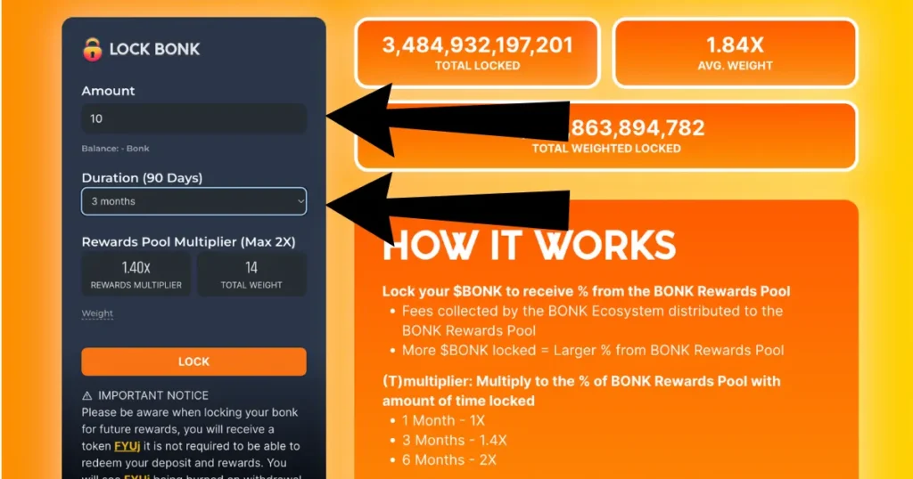 A black arrow pointing to Select amount and period for which to stake bonk