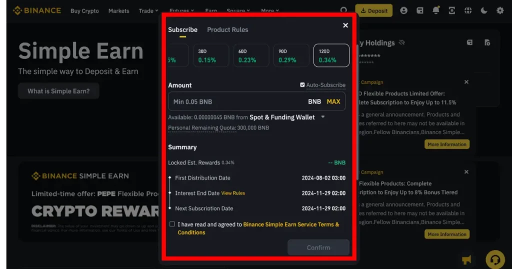 BNB staking dashboard on Binance