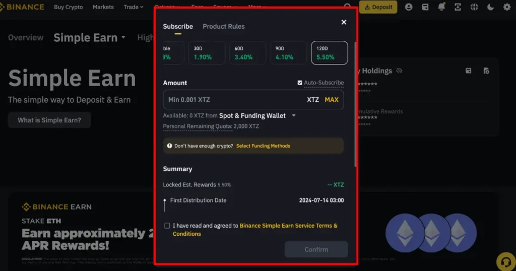 Red square showing staking dashboard on binance earn