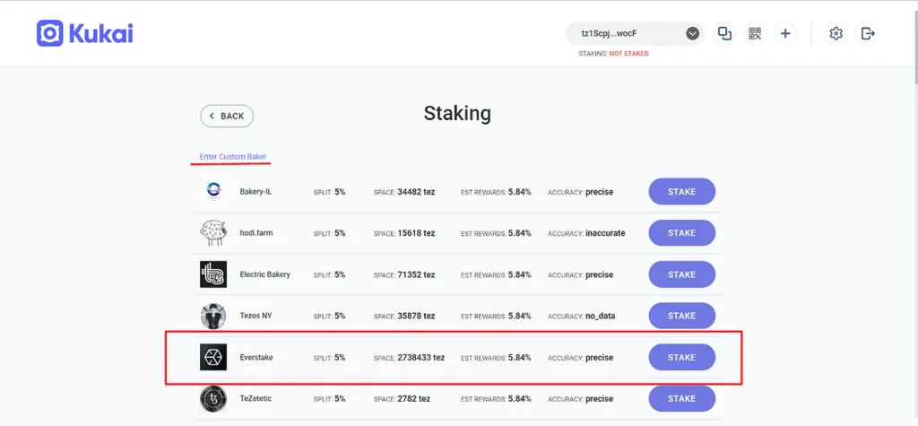 Red square pointing over one of the bakers on Kukai wallet staking dashboard