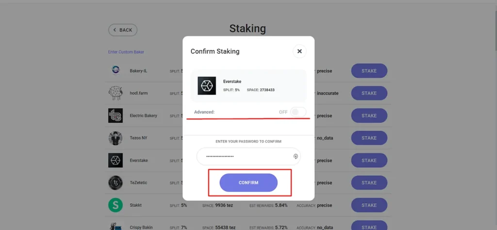 Confirmation pop up on Kukai wallet staking