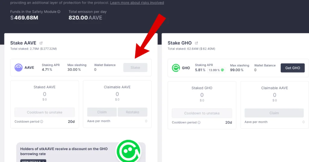 red arrow pointing to stake button on AAVE staking platform