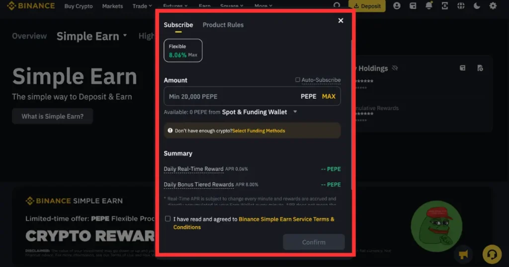 staking pepe on binance dashboard