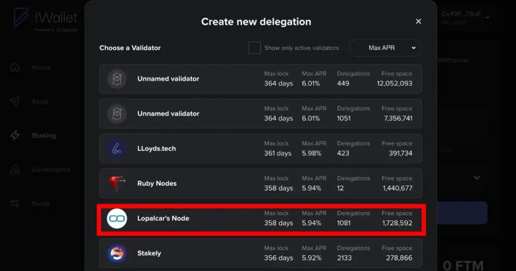 red square over lopal's car node in select a validator dashboard